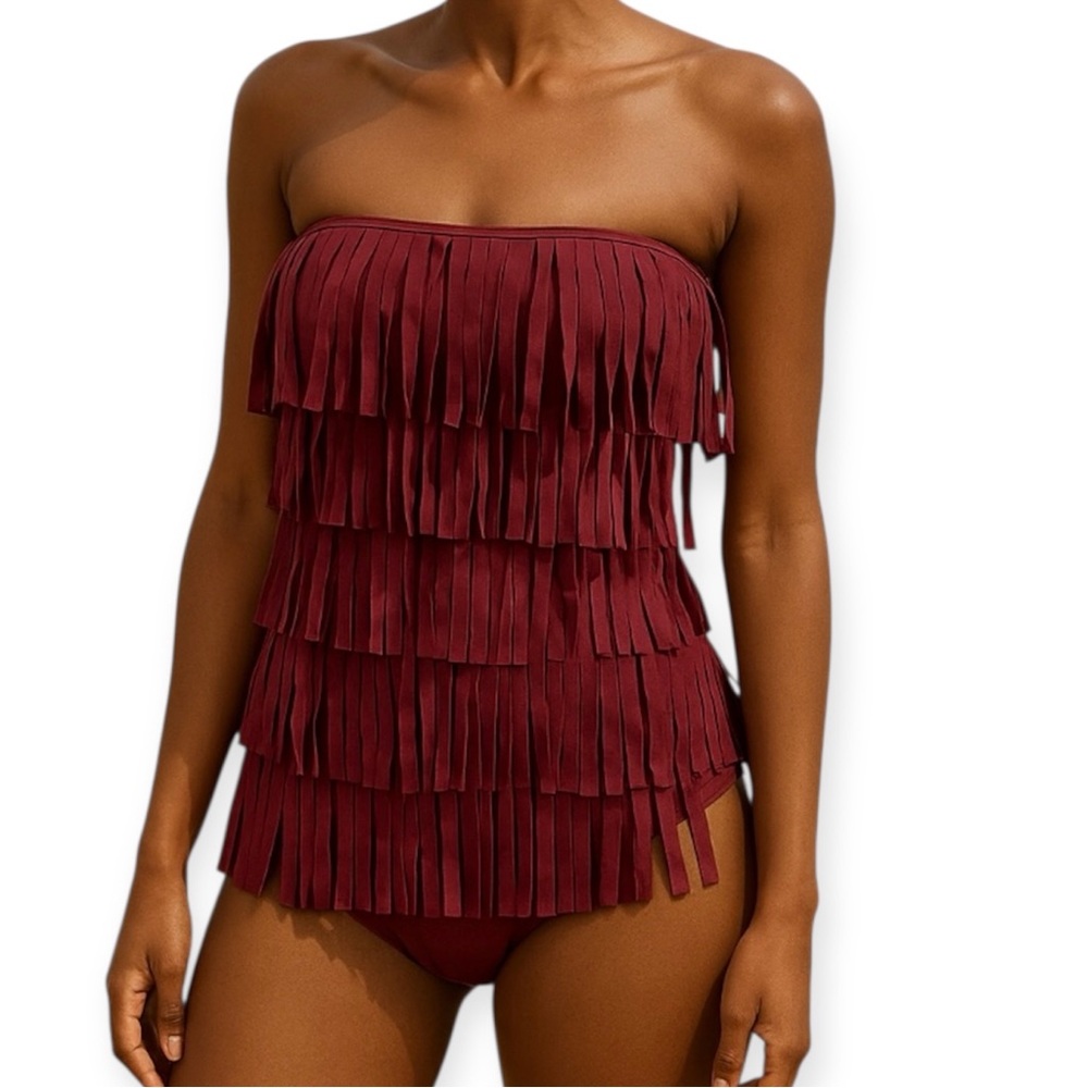 Coco Rave One Piece Swimsuit With Fringe Sangria Size Medium NWT